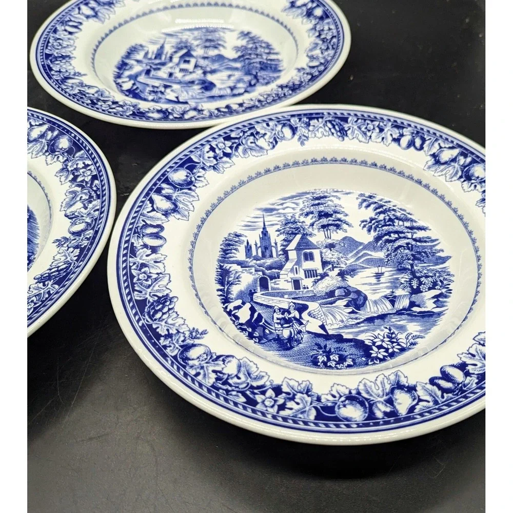 Italian Porcelain Blue & White Transfer Rim Soup Bowls Village Scene Set/3 Italy